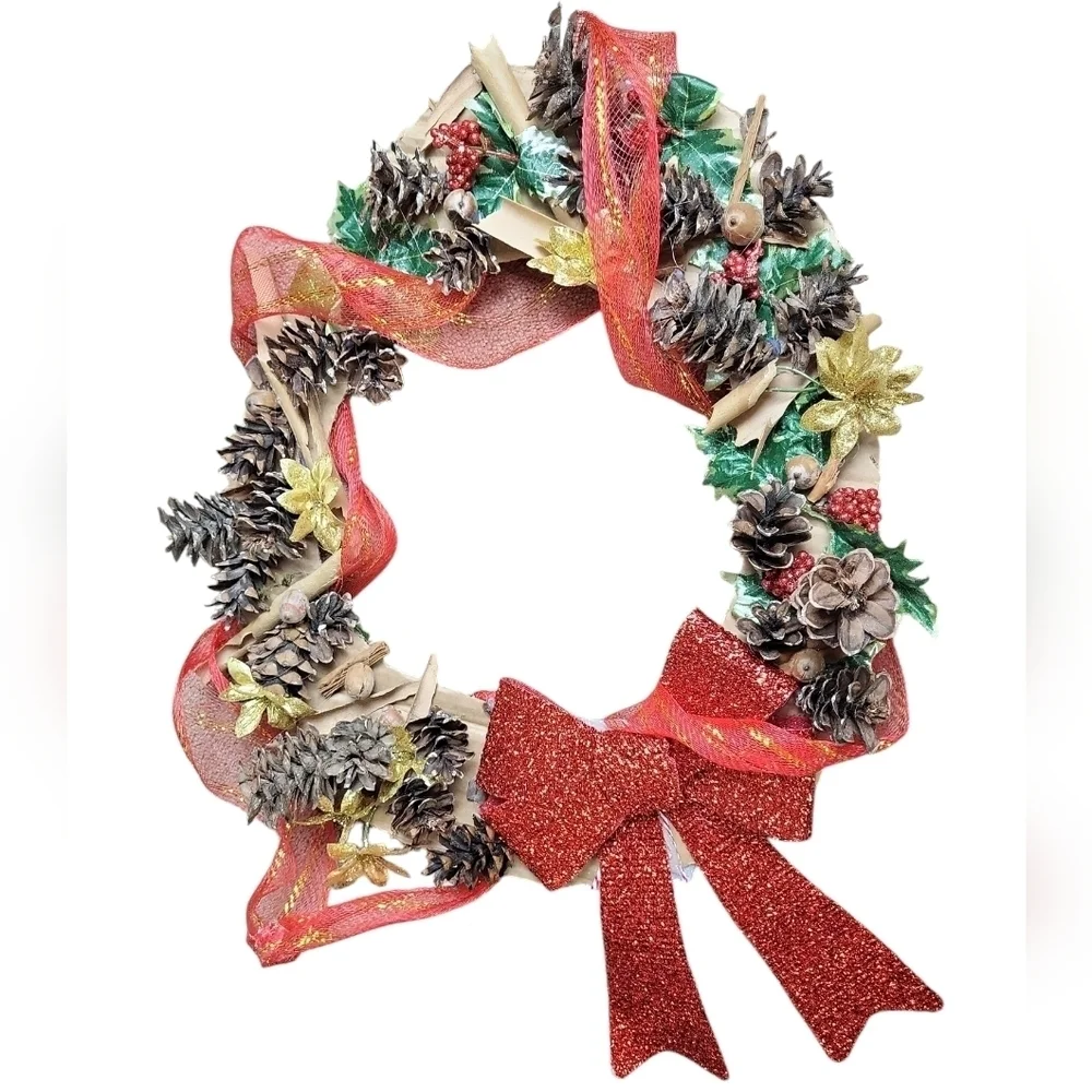 Christmas Cinnamon Acorn Pincone Red Glitter Berry Gold Flower Birch Wreath